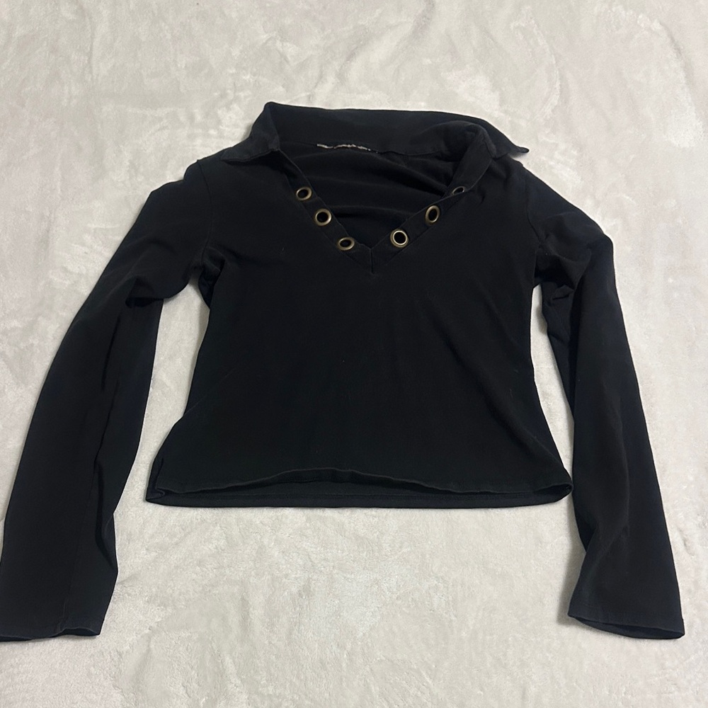 Black Long Sleeve Top with Eyelet Detail